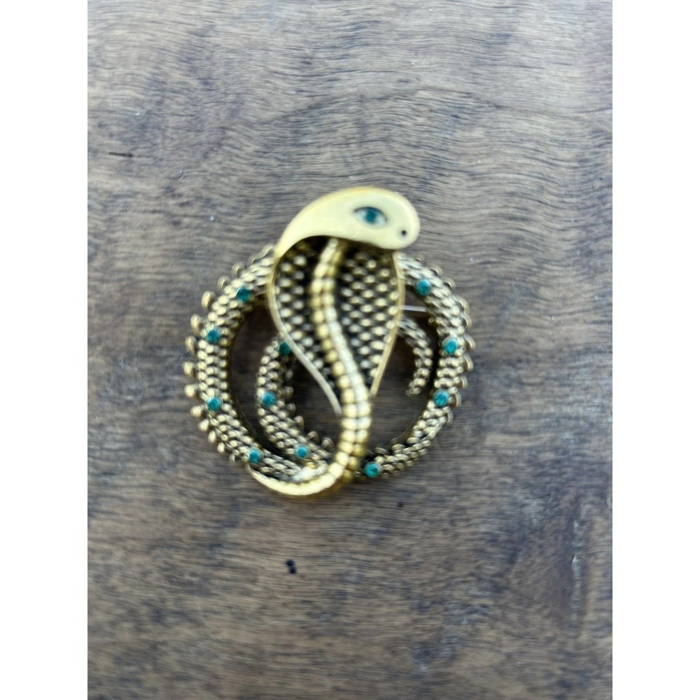 Gold Tone Snake Brooch Turquoise Rhinestone Coiled Serpent Statement Pin